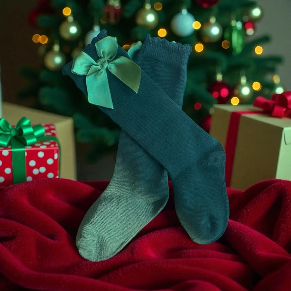 Kids Green Knee High Socks With Bow